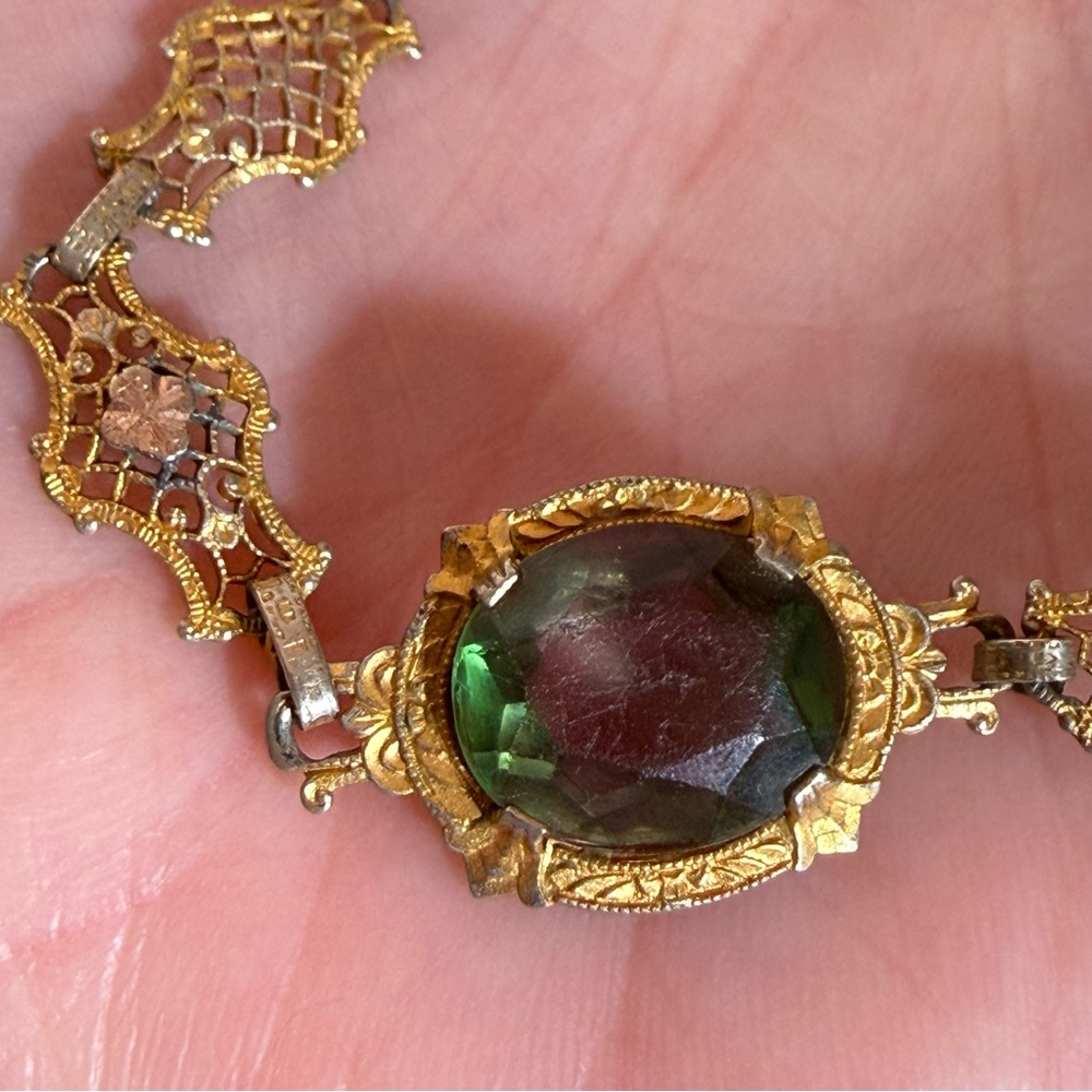 Antique Victorian Art deco Gold Filagree Green Pink iris Glass Bracelet - Picture 11 of 16